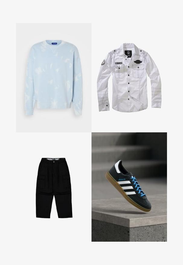Sudadera azul claro con un patrón de teñido anudado, cuello redondo y mangas anchas. Fabricada con un tejido suave y con puños y dobladillo acanalados.; Camisa blanca de manga larga con costuras negras, dos bolsillos en el pecho y un parche en una manga. Presenta un cierre de botones en la parte delantera y cuello.; Pantalones cargo negros con trabillas para cinturón, botón delantero, cierre de cremallera, bolsillos laterales con solapa y texto "AIRCRAFT PANT" en la cinturilla interior.; Zapatilla negra Adidas con franjas blancas, cordones azules y suela de goma flotando sobre un escalón de hormigón gris con luz suave.