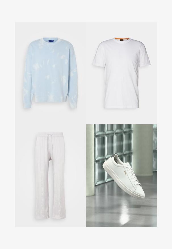Sweat-shirt bleu clair avec un motif tie-dye, col rond et manches larges. Fabriqué en tissu doux avec des poignets et un ourlet côtelés.; T-shirt en coton blanc avec un col rond, des manches courtes et un logo en relief subtil sur la poitrine. L'étiquette intérieure a une touche d'orange.; Pantalons gris clair, coupe ample, en tissu lisse avec une taille élastique et un cordon de serrage. Jambes droites avec des plis subtils, sans motifs visibles.; Baskets basses en cuir blanc avec lacets, languette de talon noire et logo « BOSS », flottant à l'intérieur près d'un mur en blocs de verre et d'un sol poli.