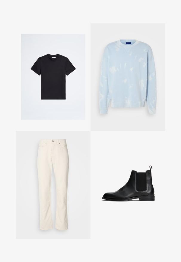 Lyseblå sweatshirt med tie-dye mønster, rund hals og brede ærmer. Fremstillet af blødt stof med ribbestrikkede manchetter og bund.; Sort t-shirt med korte ærmer og rund hals med lille tonalt logo på venstre bryst og hvid mærkeetiket inde i kraven.; Beige bomuldsjeans med et klassisk lige ben-design, der har en forreste knaplukning, fem lommer og diskrete syninger.; Sorte læder Chelsea-støvler med elastiske sidelapper, rund tå, flad sål og en hæk til nem påtagning. Glat tekstur.