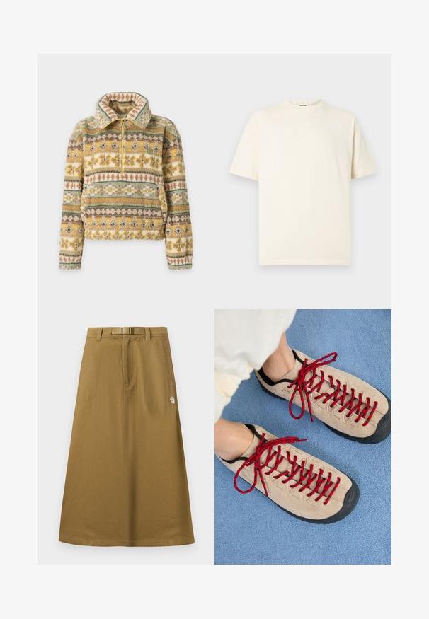 Pull en polaire avec une demi-fermeture éclair, un col montant, une poche avant et des motifs floraux et géométriques multicolores dans des tons verts, jaunes et bruns.; T-shirt en coton crème à manches courtes, col rond, avec un petit logo sur le devant. Design simple, texture douce, et coupe décontractée.; Jupe longue extérieure beige avec poches avant, ceinture intégrée et logo The North Face sur le côté droit.; Des chaussures beiges avec des lacets rouges, posées sur une surface bleue texturée, révèlent partiellement la cheville d'une personne. Les chaussures ont un design sportif.