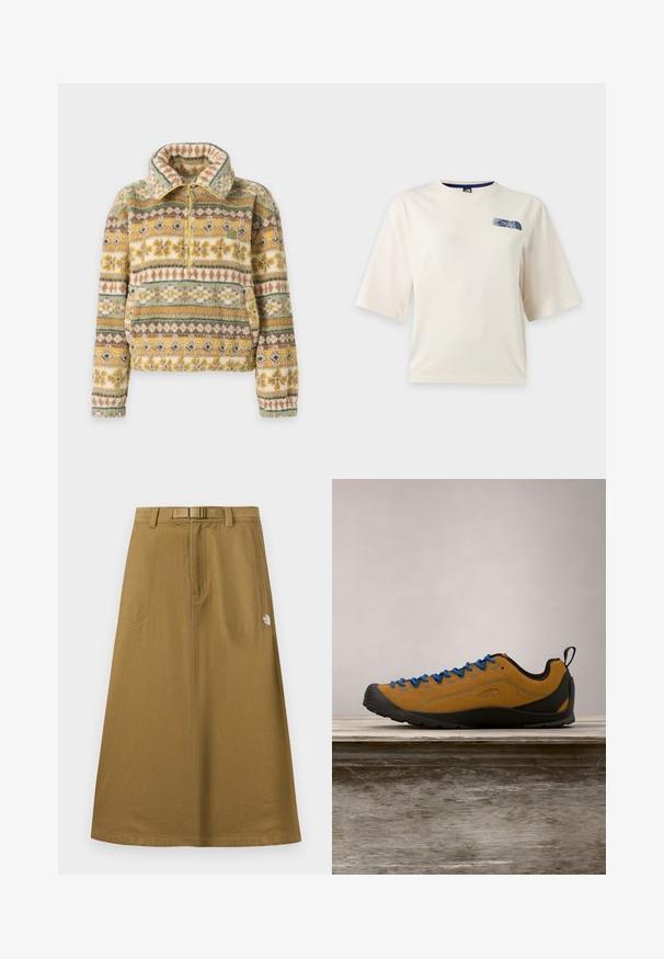 Pull en polaire avec une demi-fermeture éclair, un col montant, une poche avant et des motifs floraux et géométriques multicolores dans des tons verts, jaunes et bruns.; T-shirt blanc à manches courtes avec un petit logo bleu The North Face sur la partie supérieure gauche de la poitrine.; Jupe longue extérieure beige avec poches avant, ceinture intégrée et logo The North Face sur le côté droit.; Chaussure d'extérieur en suède marron avec des lacets bleus, semelle en caoutchouc noir et un design épuré. Équipée d'une languette à l'arrière pour un enfilage facile.
