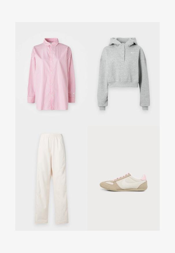 Harmaa lyhyt huppari, joka on valmistettu pehmeästä kankaasta. Siinä on napillinen kaulus, pitkät hihat ja pieni Nike-logo rinnassa.; Raidoitettu nappipaita, jossa on pystysuoria vaaleanpunaisia ja valkoisia raitoja, pitkät hihat ja kynsikuvio, sekä klassinen kaulus. Valmistettu kevyestä kankaasta.; Vapaat, kuminauhavyötärölliset kermaan sävyiset housut, joissa on suora lahkeenleikkaus, valkoista taustaa vasten esitetty.; Beigen ja valkoisen tennarin vaaleanpunaisilla nauhoilla ja kantadetaljilla, jossa sivussa valkoinen Nike Swoosh -logo, nähtynä sisältäpäin.