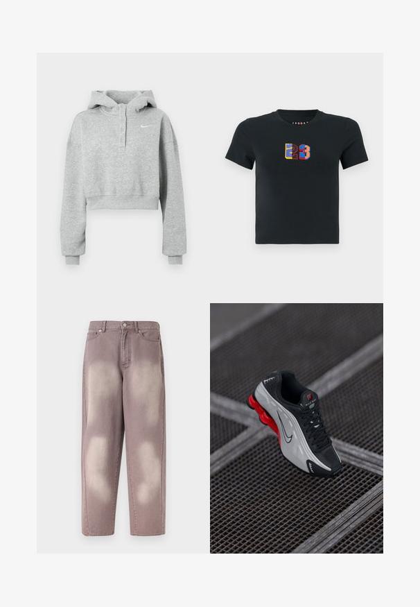 Grå cropped hættetrøje lavet af blødt stof, med knaplukket krave, lange ærmer og et lille Nike-logo på brystet.; Sort cropped T-shirt med korte ærmer, der har det farverige broderede nummer "23" i blå, rød, gul og sort i midten af brystet.; Lilla falmet denimjeans med høj talje, knaplukning og to forlommer, vist på en ensfarvet baggrund.; Sort og grå atletisk sko med rød polstret sål, sorte snørebånd og swoosh-logo hvilende på metalgitteroverflade.