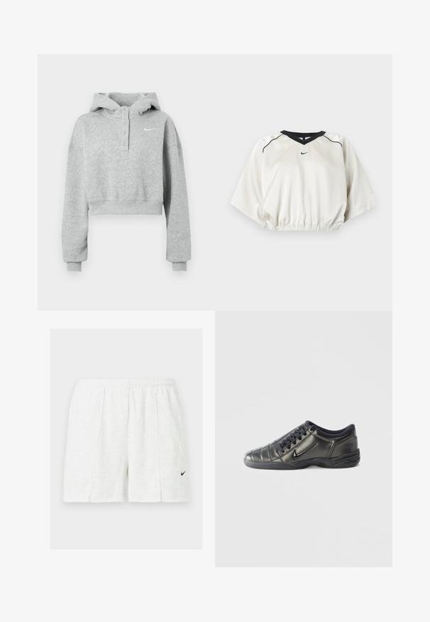 Gray cropped hoodie made from soft fabric, featuring a buttoned collar, long sleeves, and a small Nike logo on the chest.; White cropped sports top with black V-neck trim, elastic waistband, short wide sleeves, and small black Nike logo on front center.; White athletic shorts with elastic waistband and black Nike swoosh logo on the left leg, displayed on plain background.; Black low-top Nike sneaker with laces, stitched detailing, and a textured sole against a plain white background.