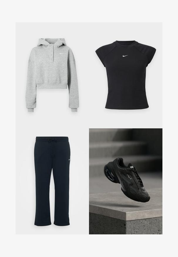 Sivá krátka mikina s kapucňou vyrobená z mäkkého materiálu, s gombíkovým golierom, dlhými rukávmi a malým logom Nike na hrudi.; Čierny top s krátkym rukávom so žíhanou textúrou, okrúhlym výstrihom a malým bielym logom Nike na hrudi.; Čierne tepláky s elastickým pásom a nastaviteľnou šnúrkou. Obsahujú malé biele logo Nike na ľavej strane. Mäkká textúra látky.; Čierna športová obuv s textúrovaným koženým zvrškom, výrazným logom a polstrovanou podrážkou. Obsahuje abstraktné vzory a hladké, zaoblené doplnky.