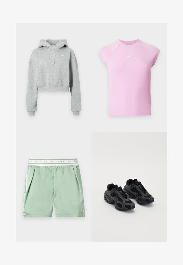 Sweat à capuche gris court en tissu doux, avec un col à boutons, des manches longues et un petit logo Nike sur la poitrine.; Haut de sport à manches courtes côtelé rose clair avec encolure ronde et petit logo Nike swoosh blanc centré sur la poitrine.; Short de sport Nike vert clair avec une ceinture élastique blanche affichant des logos Nike répétés et des poches latérales.; Baskets Nike noires avec des panneaux en maille et en daim, des découpes uniques et des colliers rembourrés. Des accents brillants sur les côtés mettent en valeur un design moderne.