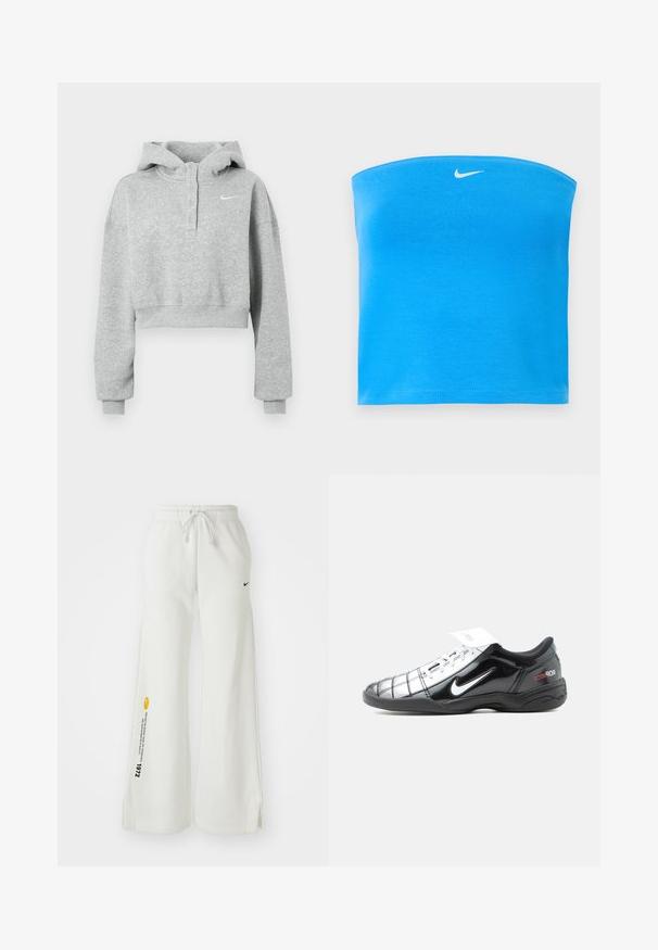 Hall hall varrukateta kapuutsiga jope, valmistatud pehmest kangast, millel on nööbitav krae, pikad varrukad ja väike Nike logo rinnal.; Erksinise sinine Nike õlavaba tuubitops valge Swooshi logoga, mis asub tsentraalselt peaaegu ülemise ääre juures.; Valged laiad dressipüksid elastse vöökoha, nööriga, külgslitidega, musta Nike logoga ja kontrastse kollase graafilise tekstiga.; Mustvalge Nike Total 90 III madala lõikega jalgpallijalats, millel on paelad ja punane logo kandadel, nähtud välisküljelt.