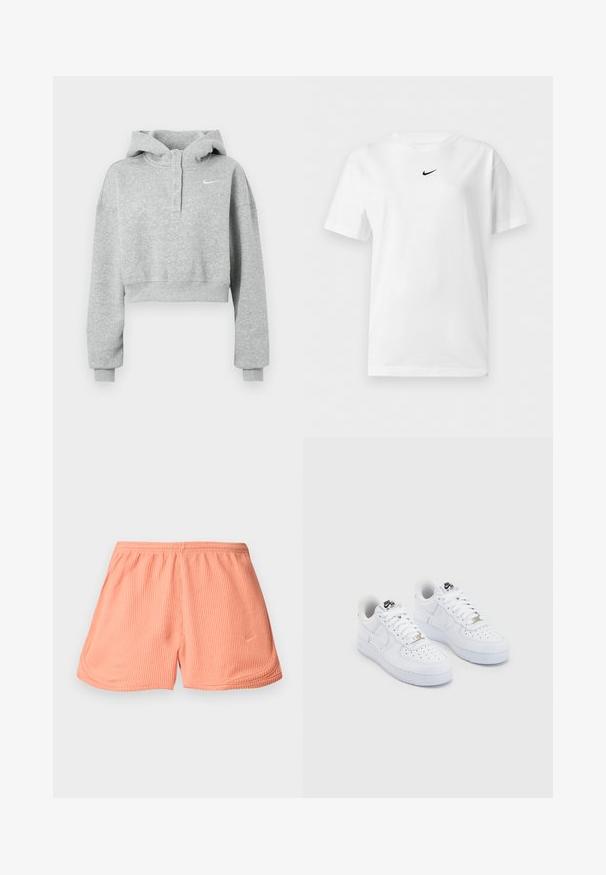 Hall hall varrukateta kapuutsiga jope, valmistatud pehmest kangast, millel on nööbitav krae, pikad varrukad ja väike Nike logo rinnal.; Valge lühikeste varrukatega ümarakaelusega T-särk, millel on väike must Nike Swoosh logo krae lähedal keskel.; Roosa ribaga spordilühikesed püksid elastse vöökoha ja külgõmblustega, mille vasakus alumises nurgas on väike logo.; Valged Nike Air Force 1 sneakerid siledast nahast pealispinnaga, perforeeritud varbaosas, valged paelad ja must trükk keelel.