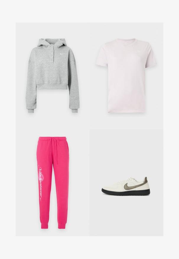 Grå cropped hættetrøje lavet af blødt stof, med knaplukket krave, lange ærmer og et lille Nike-logo på brystet.; Lyserød kortærmet Nike t-shirt med rund hals og lille hvidt Nike-logo på venstre bryst.; Lyserøde sweatpants lavet af blødt stof, med snor i taljen, tapered cuffs og hvid grafisk tekst på venstre ben.; Nike Sportswear FIELD GENERAL - Sneakers - off-white/black