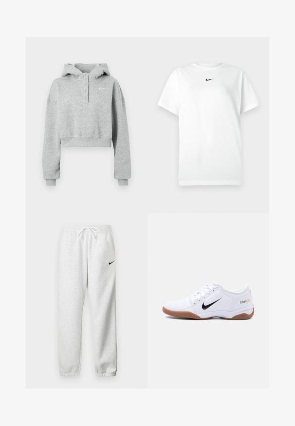Sivá krátka mikina s kapucňou vyrobená z mäkkého materiálu, s gombíkovým golierom, dlhými rukávmi a malým logom Nike na hrudi.; Biele tričko s krátkym rukávom a okrúhlym výstrihom, na ktorom je malé čierne logo Nike swoosh umiestnené tesne pod výstrihom.; Sivé tepláky vyrobené z jemnej látky, s elastickým pásom na šnúrku a malým čiernym logom Nike na ľavom stehne.; Biela vnútorná futbalová topánka Nike Total 90 III s čiernym logom Swoosh a gumovou podrážkou, zobrazená z boku na jednoduchom pozadí.