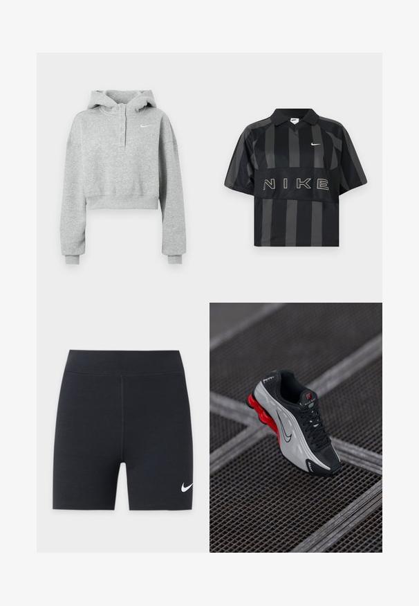 Grauer kurzer Hoodie aus weichem Stoff, mit geknöpftem Kragen, langen Ärmeln und einem kleinen Nike-Logo auf der Brust.; Schwarzes und dunkelgraues, vertikal gestreiftes Nike-Poloshirt mit kurzen Ärmeln, Kragen, weißem Nike-Swoosh und großem NIKE-Schriftzug auf der Brust.; Schwarze Sportshorts mit weißem Nike Swoosh-Logo am unteren linken Bein, mit hohem Bund und zentraler vorderer Naht.; Schwarzer und grauer Sportschuh mit roter gepolsterter Sohle, schwarzen Schnürsenkeln und Swoosh-Logo, das auf einer Metallgitteroberfläche ruht.