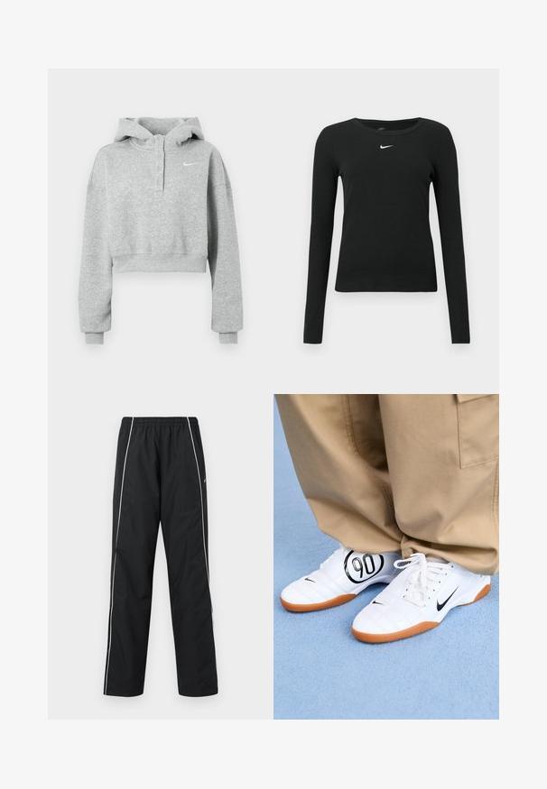 Grå cropped hættetrøje lavet af blødt stof, med knaplukket krave, lange ærmer og et lille Nike-logo på brystet.; Sort, langærmet tætsiddende top lavet af ribbet stof, med rund halsudskæring og et diskret hvidt Nike-logo på brystet.; Sorte atletikbukser med hvide striber i siden, elastisk linning og Nike-logo på højre lår, vist mod en hvid baggrund.; Hvide atletiske sko med et quiltet design, sort Nike swoosh og et fremtrædende sort "90" grafisk motiv på siden, parret med khaki bukser.