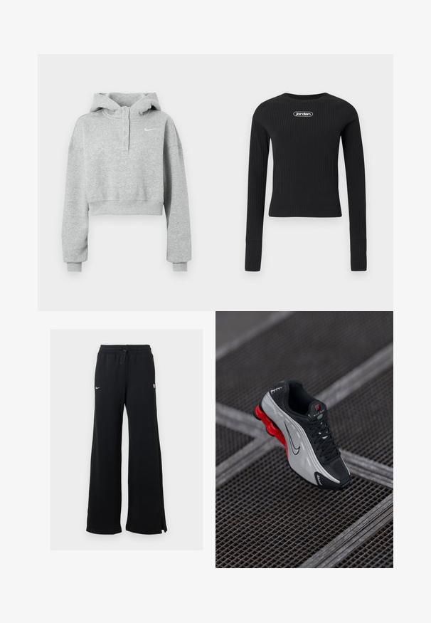 Sivá krátka mikina s kapucňou vyrobená z mäkkého materiálu, s gombíkovým golierom, dlhými rukávmi a malým logom Nike na hrudi.; Čierny rebrovaný krátky top s dlhým rukávom a okrúhlym výstrihom, so bielym logom "jordan" na hrudi.; Čierne tepláky so širokým strihom nohavíc, elastickým pásom, šnúrkou a detailom loga. Textúra látky pôsobí mäkko a pohodlne.; Čierna a šedá atletická obuv s červenou odpruženou podrážkou, čiernymi šnúrkami a logom Swoosh odložená na kovovej mriežke.