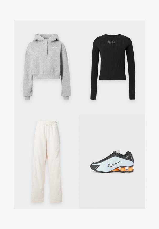 Grå cropped hættetrøje lavet af blødt stof, med knaplukket krave, lange ærmer og et lille Nike-logo på brystet.; Sort ribbet langærmet cropped top med rund hals og hvid "jordan" logo centreret på brystet.; Løse, cremefarvede bukser med elastisk talje og lige ben, vist mod en ensfarvet hvid baggrund.; Sort og lyseblå sportsko med rund tå, mesh- og syntetisk overdel, samt orange hælstøtte i et stødabsorberende design.