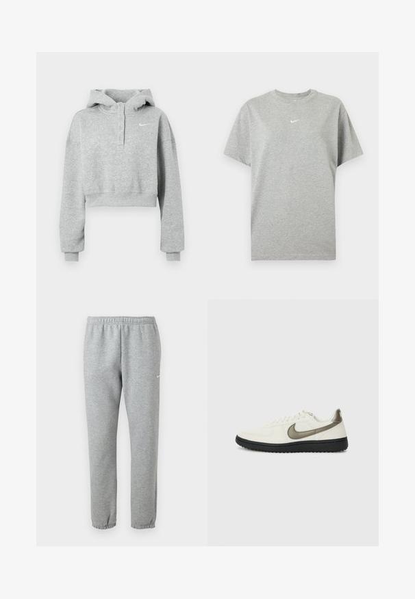 Harmaa lyhyt huppari, joka on valmistettu pehmeästä kankaasta. Siinä on napillinen kaulus, pitkät hihat ja pieni Nike-logo rinnassa.; Harmaa lyhythihainen puuvillainen t-paita, jossa pyöreä kaulus ja pieni valkoinen Nike-swoosh -logo keskellä rintaa.; Vaaleanharmaat Nike-housut, joissa on joustava vyötärönauha ja resorit, pieni valkoinen Nike swoosh -logo vasemman reiden yläosassa.; Nike Sportswear FIELD GENERAL - Matalavartiset tennarit - off-white/black
