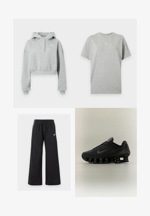 Grå cropped hættetrøje lavet af blødt stof, med knaplukket krave, lange ærmer og et lille Nike-logo på brystet.; Grå kortærmet bomuld T-shirt med rund hals og lille hvid Nike swoosh logo centreret på brystet.; Sorte sweatpants lavet af blødt stof, med en elastisk talje og snøre, sidestriber og et lille logo på venstre front.; Sort Nike-sneaker med lynlåsfunktion øverst og karakteristisk fjederlignende opdelt sål, vist i sideprofil mod en neutral baggrund.