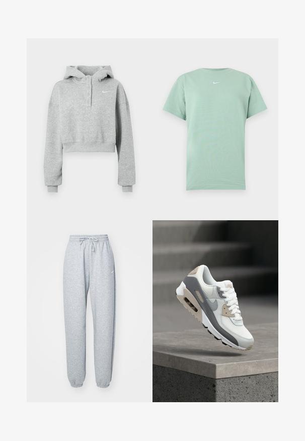 Hall hall varrukateta kapuutsiga jope, valmistatud pehmest kangast, millel on nööbitav krae, pikad varrukad ja väike Nike logo rinnal.; Heleroheline lühikeste varrukatega ümara kaelusega T-särk, millel on valge väike Nike Swooshi logo rinnal keskel.; Heledad hallhalli pehmete puuvillasegistusega, millel on elastne vöökoht ja nöör, kitsenevad sääred ja ribakudumisega mansetid. Minim blown kaubamärgi detail.; Valge, hall ja beež Nike Air Max tennisk king, mis ripub betoonserva kohal ning tallas on nähtav õhukamber.