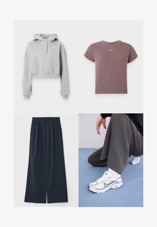 Sudadera corta gris hecha de tela suave, con cuello abotonado, mangas largas y un pequeño logo de Nike en el pecho.; Camiseta corta de manga corta en color malva con cuello redondo y pequeño logo blanco de Nike centrado debajo del escote.; Pantalones de pierna ancha en un azul marino oscuro, elaborados en una tela suave; cuentan con una cinturilla elástica y dos bolsillos laterales para mayor comodidad.; Zapatillas deportivas blancas y plateadas con materiales de malla y sintéticos, con líneas de acento negras, cordones y suelas texturizadas.