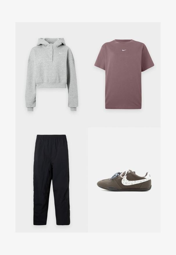 Gray cropped hoodie made from soft fabric, featuring a buttoned collar, long sleeves, and a small Nike logo on the chest.; Plain mauve short-sleeve crewneck t-shirt with small white Nike swoosh centered on the chest, displayed on white background.; Black elastic waist casual pants with straight legs and snap buttons at the ankle on plain white background.; Gray low-top sneaker with two-tone laces and a white perforated swoosh logo on the side, set against a plain light background.