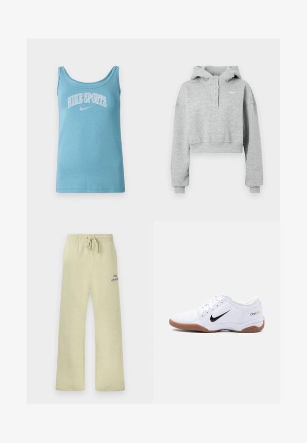 Grijze cropped hoodie gemaakt van zachte stof, met een geknoopte kraag, lange mouwen en een klein Nike-logo op de borst.; Lichtblauw sporttanktop met brede ronde hals, mouwloos ontwerp en "NIKE SPORTS" in witte letters over de borst gedrukt. Zacht katoenmateriaal.; Beige Nike joggingbroek met elastische tailleband, trekkoord, losse pasvorm en "nike athletics" tekst met swoosh-logo op de linker dij.; Witte Nike Total 90 III zaalvoetbalschoen met zwart swoosh-logo en gumzool, zijaanzicht op een effen achtergrond.