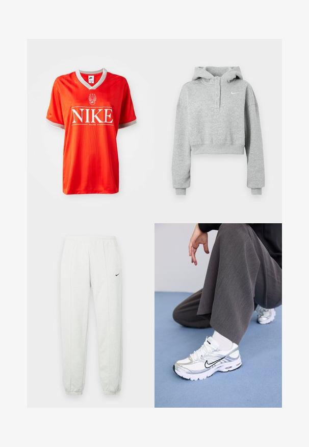 Sweat à capuche gris court en tissu doux, avec un col à boutons, des manches longues et un petit logo Nike sur la poitrine.; Maillot Nike rouge avec un col en V, bord gris sur les manches, et un grand logo "NIKE" blanc. Tissu lisse et léger avec un motif rayé subtil.; Pantalon de survêtement Nike gris clair avec une taille élastique, des poignets resserrés et un petit logo noir sur la cuisse gauche. Tissu doux et texturé.; Baskets de sport blanches et argentées avec des matériaux en maille et synthétiques, dotées de lignes d'accent noir, de lacets et de semelles texturées.