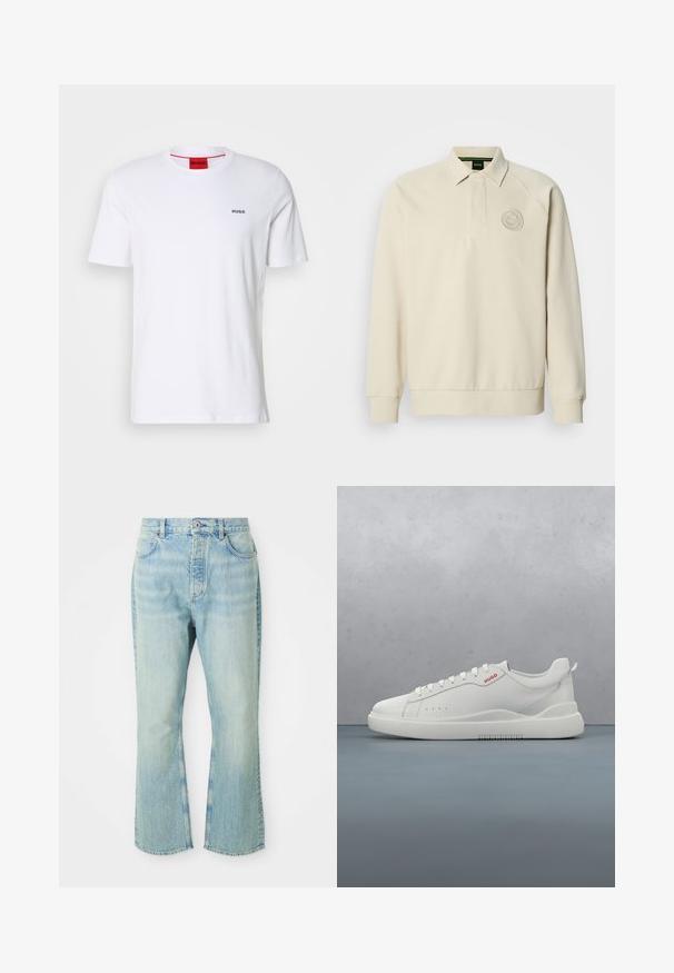 Sudadera beige con cuello tipo polo, puños acanalados y un logotipo bordado circular en el pecho. Tela suave y texturizada.; Camiseta de algodón blanca de mangas cortas, con un escote redondo y pequeño logo negro "HUGO" en el lado izquierdo del pecho. Presenta una etiqueta en el cuello interior de color rojo.; Jeans de mezclilla de color azul claro, acampanados y de cintura alta, con cinco bolsillos, trabillas para el cinturón y un acabado desgastado.; Zapatilla blanca con un acabado de cuero liso, punta redonda, cuatro ojales, perforaciones sutiles y un detalle de logo rojo en el lateral.