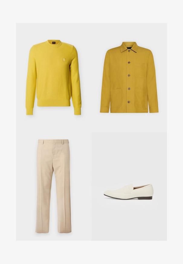 Pull jaune à manches longues en maille texturée avec col, poignets et ourlet côtelés, présentant un petit écusson carré avec logo sur la poitrine gauche.; Veste jaune moutarde à manches longues avec col, quatre boutons devant et trois poches avant sur fond uni.; Pantalon beige sur mesure avec passants pour ceinture, pli devant et fermeture éclair dissimulée, présenté sur un fond uni.; Mocassins beige clair avec un bout pointu, en matériau lisse, une sangle sur le devant et une semelle basse marron. Design simple avec des accents minimalistes.