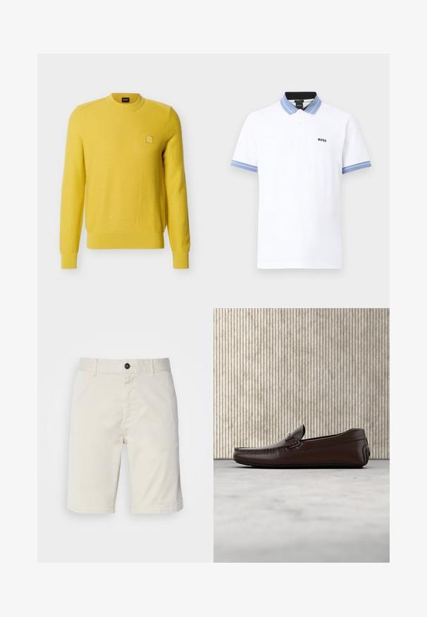 Suéter de punto amarillo de manga larga con textura, con cuello, puños y dobladillo acanalados, y un pequeño parche con logo cuadrado en el pecho izquierdo.; Polo blanco de manga corta con cuello y puños de rayas en azul claro, interior del cuello negro y logotipo "BOSS" en el pecho izquierdo.; Shorts de color beige claro fabricados en algodón, con cierre de botón, bolsillos delanteros y dobladillo cosido. Textura suave con un diseño casual.; Mocasines de cuero marrón con un acabado suave, costura al estilo mocasín, puntera elevada y una suela de goma baja y flexible.