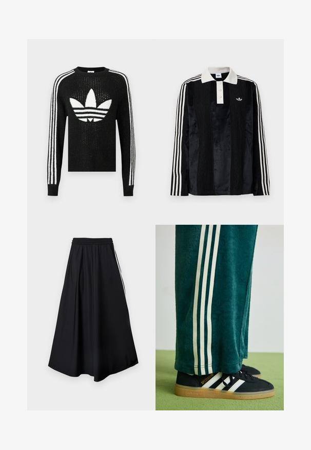 Čierny pletený sveter s bielym logom Adidas trefoil a tromi bielymi pruhmi na každom rukáve. Textúrovaná tkanina s miernym leskom.; Čierna sametová polo košeľa s dlhými rukávmi a bielym rebrovaným golierom, s tromi gombíkmi, texturovaným predným dielom a tromi bielymi pruhmi na každom rukáve.; Čierne nohavice s širokými nohavicami, elastickým pásom a bielymi bočnými pruhmi, zobrazené na jednoduchom bielom pozadí.; Zelené textúrované nohavice s bielymi bočnými pruhmi, skombinované s čiernymi teniskami Adidas s tromi bielymi pruhmi a gumovou podrážkou.