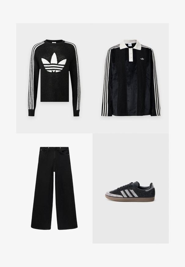 Schwarzer gestrickter Pullover mit einem weißen Adidas Trefoil-Logo und drei weißen Streifen an jedem Ärmel. Texturiertes Gewebe mit leichtem Schimmer.; Schwarzes Samt-Poloshirt mit langen Ärmeln und einem weißen gerippten Kragen, drei Knöpfen, strukturiertem Vorderteil und drei weißen Streifen an jedem Arm.; Schwarz weit geschnittene Jeans aus Denim. Mit Reißverschluss, fünf Taschen und silberfarbener Hardware. Schlichtes Design, ohne Muster oder Akzente.; Schwarzer Sneaker mit funkelnden silbernen Akzenten und drei weißen Streifen. Verfügt über ein niedriges Design, eine strukturierte Oberseite und eine braune Gummisohle.