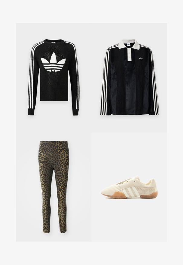 Sort striktrøje med et hvidt Adidas trefoil-logo og tre hvide striber på hver ærme. Tekstureret stof med let glimmer.; Sort fløjl langærmet polo shirt med en hvid ribbestrikket krave, tre knapper, struktureret front og tre hvide striber på hver ærme.; Pletterede leggings med høj talje, strækbart stof og sorte accenter på en lys brun bund, designet til komfort og pasform.; Lavprofileret beige sneaker med tre hvide striber, teksturerede ruskindssidepaneler, gummisål og snørelukning på ensfarvet baggrund.