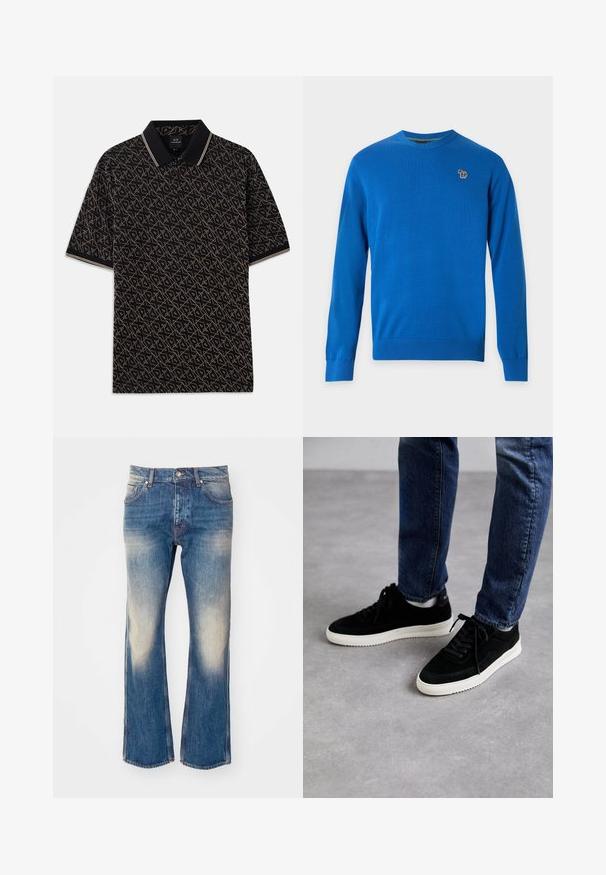 Lyseblå langærmet crewneck-trøje med en lille broderet zebra-logo på venstre bryst mod en hvid baggrund.; Sort polo skjorte med et geometrisk guld mønster, korte ærmer og en klassisk krave med diskrete stribede detaljer.; Lys blå denim flared jeans med falmning på lårene, fem lommer, metalknaplukning og kontrasterende sømdetaljer.; Sorte ruskind sneakers med en hvid gummisål, der har et klassisk low-top design, rundt tå og flade sorte snørebånd.