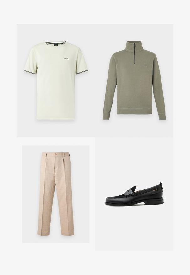 Pull-over en polaire verte avec un col haut et une fermeture éclair à moitié. Il présente un patch logo rectangulaire sur le côté gauche de la poitrine et des poignets côtelés.; T-shirt à manches courtes en coton beige clair, avec un col rond, un logo noir, et des rayures contrastantes noires et blanches sur le col et les manches.; Pantalon beige à jambes droites avec plis, fermeture par bouton, passants pour ceinture et coupe ajustée.; Mocassin en cuir noir avec détail de bride grise, talon bas et semelle texturée, marqué "HUGO" en or sur le côté.