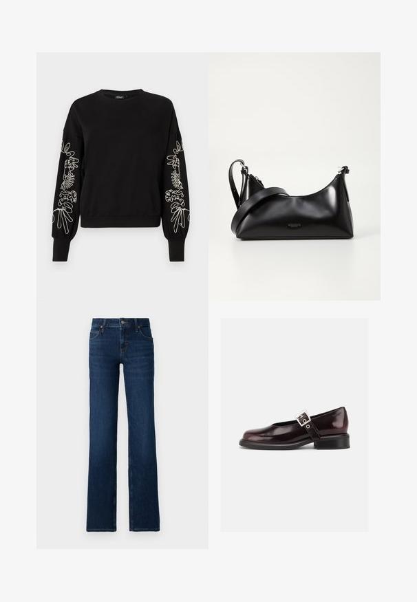 Zwarte sweatshirt met lange mouwen, voorzien van witte abstracte lijntekeningen borduursel op beide mouwen en geribbelde manchetten en zoom.; Donkerblauwe wijde jeans gemaakt van denim. Beschikt over een gestikt tailleband, vijf zakken en een ritssluiting met een metalen knoopsluiting.; Enkele glanzende donker bordeauxrode Mary Jane schoen met brede band en zilveren gesp, lage blokhak en afgeronde neus op witte achtergrond.; Zwarte leren handtas met een gladde textuur. Beschikt over een verstelbare schouderband en een strak, minimalistisch ontwerp met een ritssluiting.