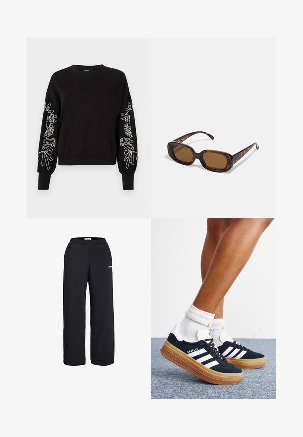 Sort langærmet sweatshirt med hvid abstrakt linje kunst broderi på begge ærmer samt ribkantede manchetter og kant.; Sorte sweatpants med lige ben, elastisk talje og lille hvidt logo på øvre lår, designet til afslappet brug.; Ben iført hvide sokker og sorte Adidas Gazelle sneakers med hvide striber og tykke brune såler på et gråt tæppe.; Skildpaddefarvede solbriller med rektangulær form, brune linser, glat plastikskelet og tynde stænger med subtile tonale mønstre.