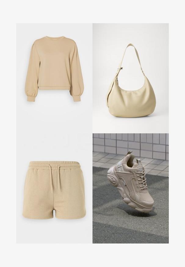 MSCH Copenhagen HADEYA - Sweatshirt - cornstalk; Short beige en coton avec taille élastique et cordon à l’avant, conçu pour un usage décontracté.; Baskets de sport beiges avec une tige en mesh et synthétique, un col rembourré et une semelle épaisse avec des accents texturés. Marque visible sur le côté.; Sac à épaule en cuir beige avec une forme courbée, une bandoulière réglable et un détail de logo embossé, présentant une texture lisse et un design minimaliste.