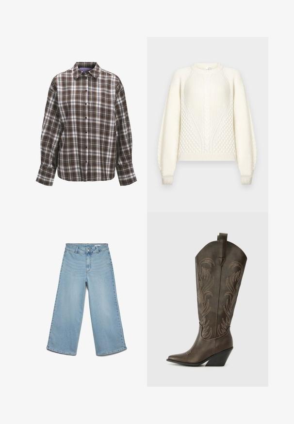 Kremfarvet strikket sweater med kabel- og honningkagemønstre, lange ærmer, ribstrikkede manchetter og rund halsudskæring på en neutral baggrund.; Langærmet skjorte med knapper, brun, sort og hvid ternet mønster og klassisk krave på hvid baggrund.; Lyseblå denim bukser med vide ben, bæltestropper, forreste knap og lynlås, uden synlige lommer.; Brune læder cowboystøvle med spids tå, kilehæl og dekorativ broderi. Har en høj stok og en trækflap.