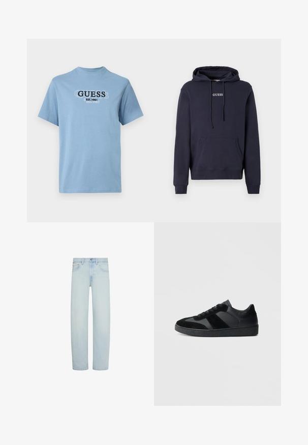 Sudadera con capucha de color azul marino, hecha de una mezcla de algodón. Cuenta con un bolsillo canguro frontal y el logo "GUESS" bordado en el pecho.; Camiseta de algodón azul claro con cuello redondo y mangas cortas, con un logo impreso de "GUESS EST. 1981" en la parte frontal en blanco y negro.; Vaqueros de mezclilla azul claro con corte recto, cierre frontal con botón y cremallera, trabillas para cinturón y bolsillos delanteros.; Zapatillas negras que combinan cuero liso y ante, con una suela de goma negra texturizada y un sutil detalle de rayas.