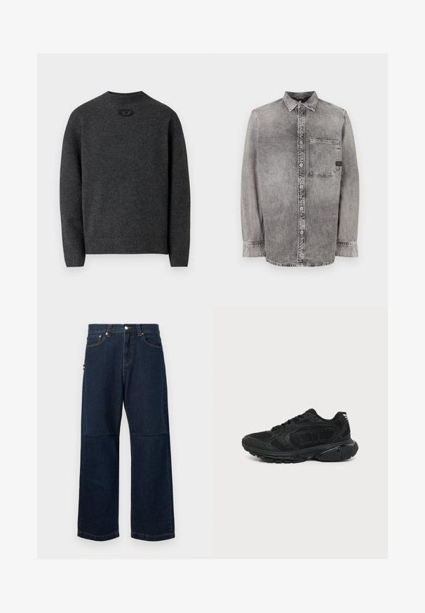Dunkelgrauer Pullover aus weichem Strickstoff mit Rundhalsausschnitt sowie gerippten Bündchen an Ärmeln und Saum. Mit kleinem Logodetail auf der Rückseite.; Graues Denim-Hemd mit Knopfleiste, langen Ärmeln, mittlerem Stoffgewicht, einer Brusttasche, abgedunkeltem Finish mit kontrastierenden Knöpfen, klassischem Kragen.; Dunkelblaue Denim-Jeans mit geraden Beinen, die ein klassisches Fünf-Taschen-Design, kontrastierende Nähte und ein kleines farbiges Etikett an der Seite aufweisen.; Schwarzer Sportschuh mit Mesh-Obermaterial, gepolstertem Kragen, dicker gepolsterter Sohle und Schnürverschluss, gezeigt im Seitenprofil auf weißem Hintergrund.