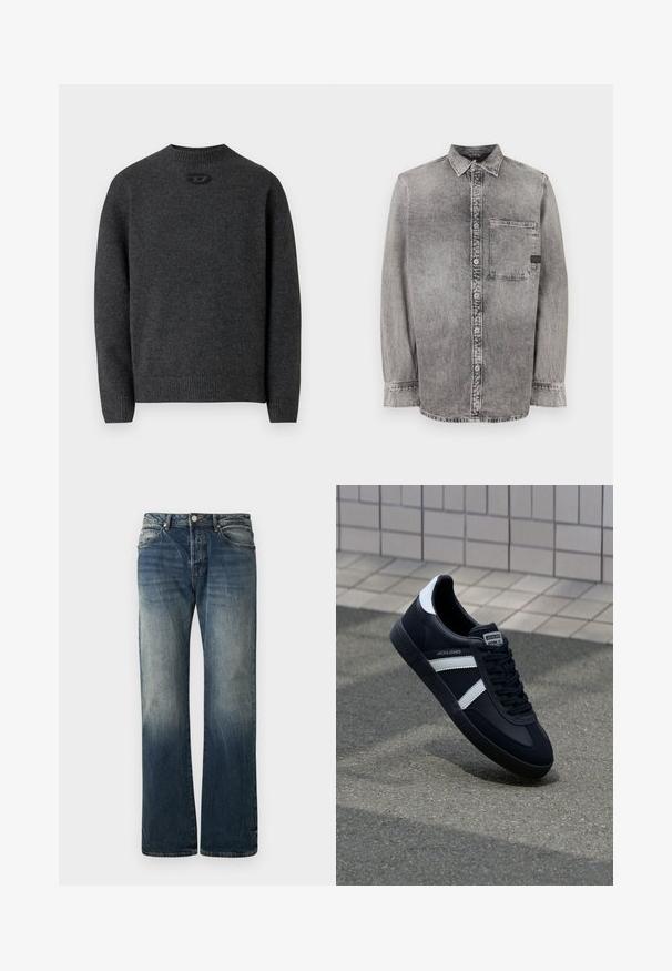 Dunkelgrauer Pullover aus weichem Strickstoff mit Rundhalsausschnitt sowie gerippten Bündchen an Ärmeln und Saum. Mit kleinem Logodetail auf der Rückseite.; Graues Denim-Hemd mit Knopfleiste, langen Ärmeln, mittlerem Stoffgewicht, einer Brusttasche, abgedunkeltem Finish mit kontrastierenden Knöpfen, klassischem Kragen.; Dunkelblaue weit geschnittene Jeans aus Denim. Mit verblassten Details, traditionellem Fünf-Taschen-Design und einem Metallknopfverschluss an der Taille.; Schwarze Leder-Sneaker mit weißen Streifen, strukturiertem Gummisohle und Schnürung. Verfügt über ein Markenetikett auf der Zunge.