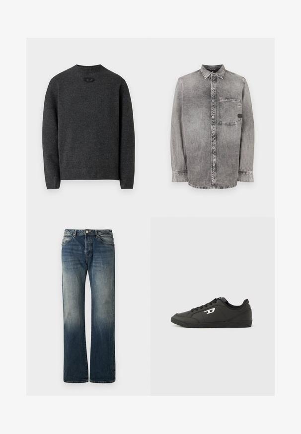 Donkergrijze trui gemaakt van zachte gebreide stof, met een ronde halslijn en geribbelde boorden en zoom. Voorzien van een klein logodetail aan de achterkant.; Grijze denim knopsluiting overhemd, lange mouwen, stof van gemiddelde dikte, enkele borstzak, vervaagde afwerking met contrasterende knopen, klassieke kraag.; Donkerblauwe wijde spijkerbroek van denim. Kenmerkt zich door vervaagde details, een traditionele vijf-pocketontwerp en een metalen knoopsluiting bij de taille.; Zwarte sneakers van synthetisch materiaal met een geribbelde zwarte zool, ronde neus en vlakke zwarte veters. Opvallend wit logomerk aan de buitenzijde.
