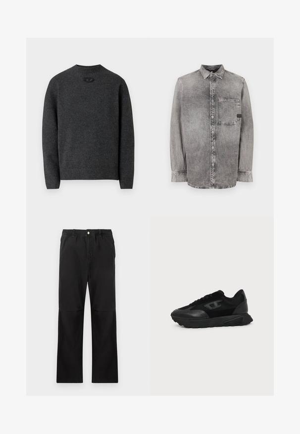 Suéter gris oscuro hecho de tela de punto suave, con cuello redondo y puños y dobladillo acanalados. Incluye un pequeño detalle de logo en la parte trasera.; Camisa de mezclilla gris, de botones, de manga larga, con tejido de peso medio, un bolsillo en el pecho, acabado desgastado con botones en contraste, cuello clásico.; Pantalones negros de algodón con una cintura elástica, que cuentan con un diseño de pierna recta, textura suave y sin acentos ni patrones visibles.; Zapatilla negra de corte bajo con suela texturizada, parte superior de malla y cuero, cierre de cordones en la parte delantera y un pequeño logo en relieve en el panel lateral.