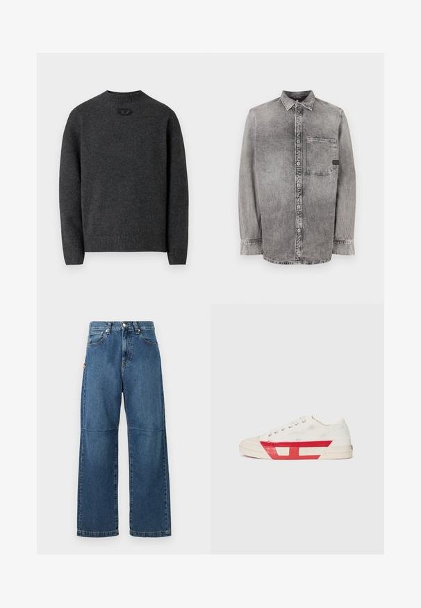 Dunkelgrauer Pullover aus weichem Strickstoff mit Rundhalsausschnitt sowie gerippten Bündchen an Ärmeln und Saum. Mit kleinem Logodetail auf der Rückseite.; Graues Denim-Hemd mit Knopfleiste, langen Ärmeln, mittlerem Stoffgewicht, einer Brusttasche, abgedunkeltem Finish mit kontrastierenden Knöpfen, klassischem Kragen.; Blaue Jeans aus Denim mit entspannter Passform, geraden Beinen, sichtbarem Nähen und einem vorderen Knopfverschluss. Verfügt über eine Seitentasche mit einem Akzent.; Leinensneaker mit weißem Obermaterial, roten Gummidetails und einem strukturierten Design. Verfügt über eine runde Zehenpartie und fünf Ösen für die Schnürsenkel.