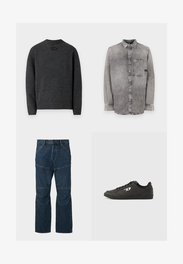 Dunkelgrauer Pullover aus weichem Strickstoff mit Rundhalsausschnitt sowie gerippten Bündchen an Ärmeln und Saum. Mit kleinem Logodetail auf der Rückseite.; Graues Denim-Hemd mit Knopfleiste, langen Ärmeln, mittlerem Stoffgewicht, einer Brusttasche, abgedunkeltem Finish mit kontrastierenden Knöpfen, klassischem Kragen.; Dunkelblaue Jeans aus Denim mit verstärkten Knien, frontalem Knopf- und Reißverschluss sowie Vordertaschen auf einem schlichten Hintergrund.; Schwarze Sneakers aus synthetischem Material mit einer strukturierten schwarzen Sohle, rundem Zehenbereich und flachen schwarzen Schnürsenkeln. Auffälliges weißes Logo auf der Außenseite.