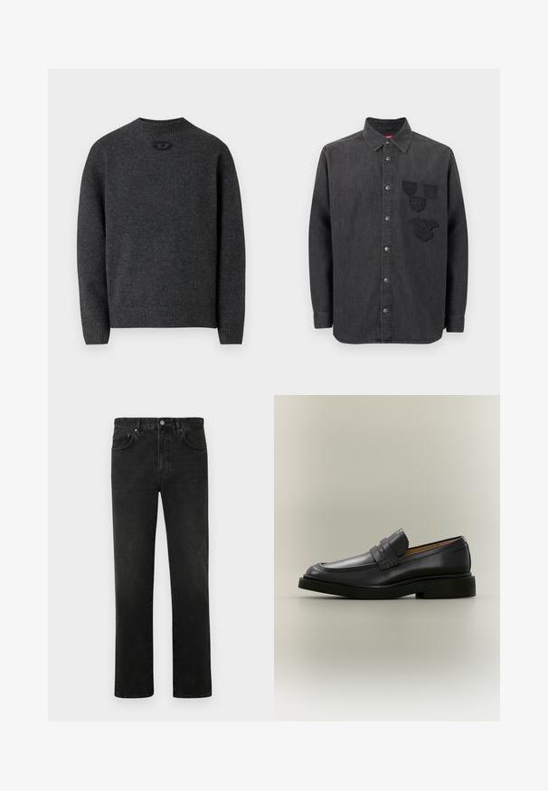 Dunkelgrauer Pullover aus weichem Strickstoff mit Rundhalsausschnitt sowie gerippten Bündchen an Ärmeln und Saum. Mit kleinem Logodetail auf der Rückseite.; Schwarzes Denim-Hemd mit durchgehender Knopfleiste, langen Ärmeln, einem Kragen und drei bestickten Abzeichen auf der linken Brust. Strukturierter Stoff.; Schwarze Jeans aus Denim mit geradem Schnitt, Fünf-Taschen-Design und einem einzelnen Metallknopfverschluss am Bund. Glatte Textur, minimale Ausbleichung.; Schwarzer Leder-Herrenloafer mit niedrigem Absatz und Riemendetail über dem Vorderblatt, im Profil auf neutralem Hintergrund gezeigt.