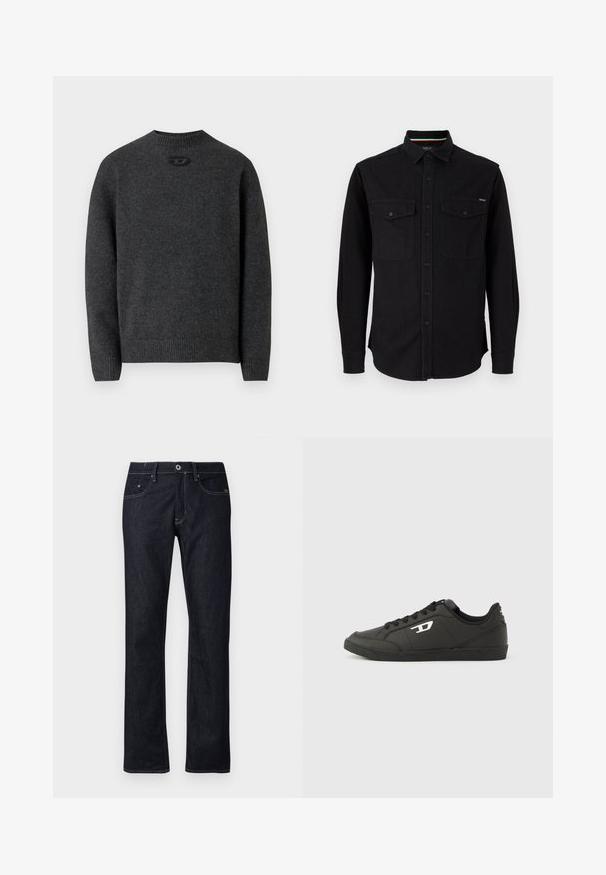 Mørkegrå sweater lavet af blødt strikket stof med rund halsudskæring og ribstrikkede manchetter og kant. Har et lille logodetalje på ryggen.; Replay SHIRT - Skjorter - black; Mørkeblå denim jeans med lige ben-design, der har standard fem-lomme stil, kontrasterende syninger og knappelukning.; Sorte syntetiske sneakers med en struktureret sort sål, rund tå og flade sorte snørebånd. Fremtrædende hvidt logo på ydersiden.