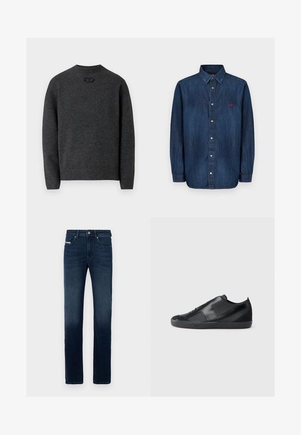 Pull gris foncé en tissu tricoté doux, avec un col rond et des poignets et un ourlet côtelés. Comprend un petit détail de logo à l'arrière.; La chemise en denim présente une teinte bleu foncé, un col boutonné, un col pointu, des manches longues et un petit logo rouge sur la poitrine.; Jean en denim bleu foncé avec une coupe droite, comportant un style classique à cinq poches et une fermeture à bouton en métal à la taille.; Baskets noires au design élégant, fabriquées en cuir lisse avec des accents en daim. Présentent des panneaux angulaires et un bout arrondi. Semelle en caoutchouc.