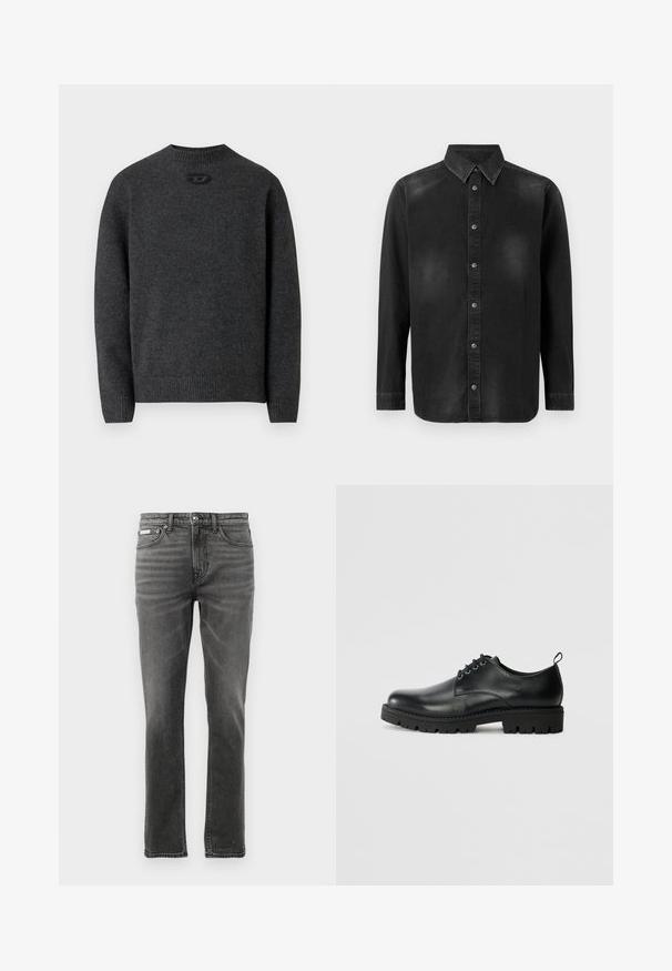 Mørkegrå sweater lavet af blødt strikket stof med rund halsudskæring og ribstrikkede manchetter og kant. Har et lille logodetalje på ryggen.; Sort denimskjorte med button-down krave, lange ærmer og frontlukning med knapper. Har diskret falmning og en skræddersyet pasform.; Mørkegrå denimbukser med lige ben, fem-lomme design, subtile falmende mønstre og metalbeslag ved taljen.; Sort læder sko med en rund tå, der har snørelukning, solid sort gummisål og en lille hælflap bagpå.