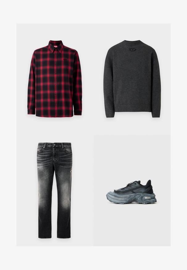 Pull gris foncé en tissu tricoté doux, avec un col rond et des poignets et un ourlet côtelés. Comprend un petit détail de logo à l'arrière.; Chemise en flanelle à carreaux noire et rouge avec manches longues, fermeture à boutons, col pointu et un petit logo sur la poitrine gauche.; Jean noir avec une finition délavée et des accents usés, design standard à cinq poches, et fermeture éclair. Fabriqué en tissu denim.; Baskets Diesel noires et grises avec semelle épaisse, système de laçage à bascule et design texturé sur fond gris clair uni.