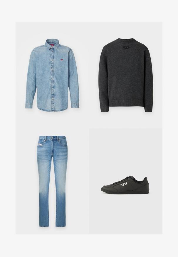 Pull gris foncé en tissu tricoté doux, avec un col rond et des poignets et un ourlet côtelés. Comprend un petit détail de logo à l'arrière.; Chemise en denim bleu clair avec des manches longues, un col pointu et une fermeture à boutons. Présente un petit logo rouge sur le côté gauche de la poitrine.; Jean en denim bleu clair avec une coupe ajustée, présentant une jambe droite et un léger délavé vers le bas. Style classique à cinq poches.; Baskets synthétiques noires avec une semelle noire texturée, un bout rond et des lacets plats noirs. Logo blanc remarquablement placé sur le côté extérieur.